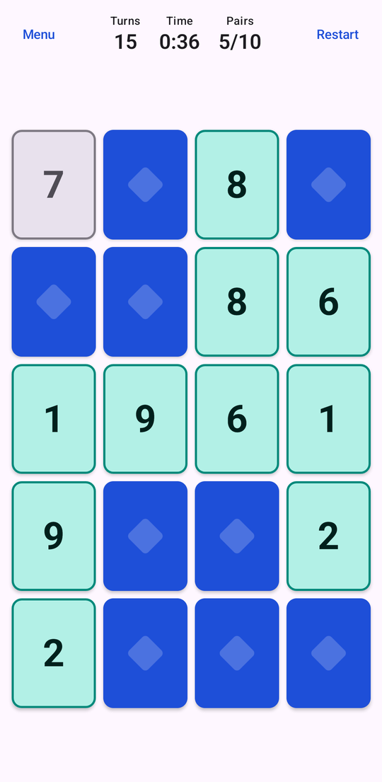 A Normal game in progress with five pairs matched and one card face up