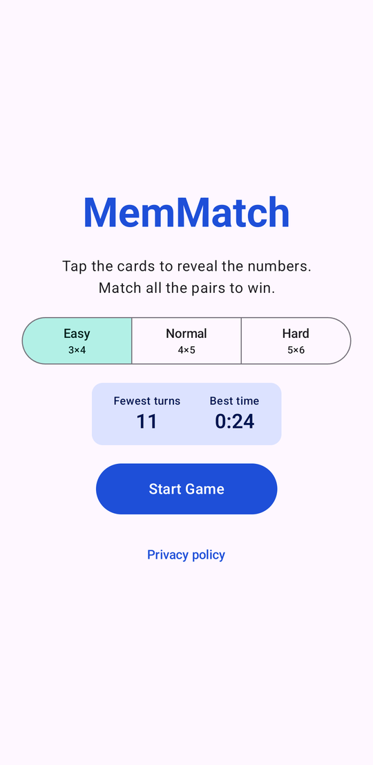 MemMatch menu with difficulty choices and best scores