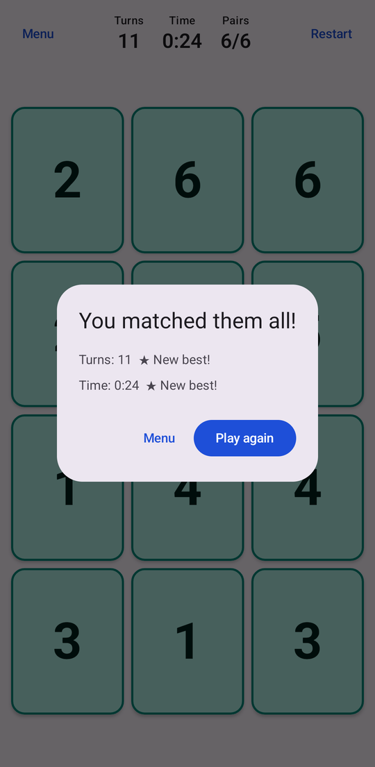 The win screen showing turns, time, and new best scores